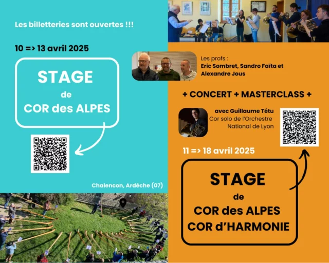 👉👉Suite au succès de la 1ère édition en avril 2024, nous avons le plaisir de vous proposer à nouveau:

🎶Un STAGE de COR DES ALPES du 10 au 13 avril 2025.

📆 10 => 13 avril 2025
📍 Chalencon, Ardèche 
🎼 3 professeurs : @alexandrejous, @sombreteric et Sandro Faita

Nombre de places limité à 30 et déjà plus de dix stagiaires de l’an dernier inscrits donc si intéressé.e, ne tardez pas à le faire en suivant ce lien : https://www.helloasso.com/associations/ensemble-nocturne/evenements/stage-de-cor-des-alpes-du-10-au-13-avril-2025

🎶Un STAGE de COR DES ALPES & COR D’HARMONIE 

📆 11 => 18 avril 2025
📍 Chalencon, Ardèche 
🎼 2 professeurs : @sombreteric et Sandro Faita 
✨ masterclass : @guillaume_tetu 

Nombre de places limité à 12 donc si intéressé.e, ne tardez pas à vous inscrire en suivant ce lien : https://www.helloasso.com/associations/ensemble-nocturne/evenements/stage-de-cor-des-alpes-cor-d-harmonie-du-19-au-26-avril-2024-2

Les QR codes sur le visuel de cette publication fonctionnent également.

Formule « tout compris » : hébergement, repas et cours

🤩NOUVEAUTÉ 2025 : 
Samedi 12/04 (soir) Concert des professeurs avec orgues dans la petite église de Chalencon avec, en plus du trio que vous connaissez (Alexandre, Eric et Sandro), un invité de marque: @guillaume_tetu, cor solo de l'Orchestre National de Lyon (@auditorium.orch.nat.lyon) et professeur au Conservatoire national supérieur musique et danse de Lyon (@cnsmdlyon) . 
 
Plus d’infos dans le dépliant disponible sur notre site. N'hésitez pas à nous contacter pour des renseignements complémentaires @ ensemblenocturne@gmail.com

#ardeche #stage #cordesalpes #alphorn #cor #frenchhorn #instrumentmaker #boismassif #artisanatdartfrancais #maitreartisandart #villedelyon #fabriquéàlyon #madeincroixrousse #ébéniste #resonancebois #régionauvergnerhônealpes