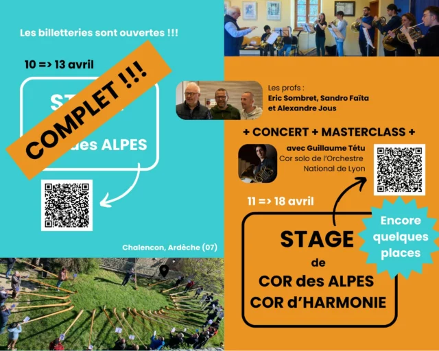 😊🎯Nous sommes ravis d’annoncer que le stage de cor des alpes du 10 au 13 avril est à présent COMPLET !!!
📋Cependant, en cas de désistement, nous allons mettre en place une liste d'attente. Vous pouvez nous contacter à ce propos au 07 60 10 20 24

En revanche, il reste encore quelques places pour le stage de COR DES ALPES & COR D’HARMONIE du 11 au 18 avril.

📆 Dates 11 => 18 avril 2025
📍Lieu Chalencon, Ardèche 
📯3 professeurs : Alexandre Jous,  @sombreteric et Sandro Faita 
✨1 masterclass : @guillaume_tetu 

Vous pouvez vous inscrire en suivant ce lien : https://www.helloasso.com/associations/ensemble-nocturne/evenements/stage-de-cor-des-alpes-cor-d-harmonie-du-19-au-26-avril-2024-2

Le QR code sur le visuel de cette publication fonctionne également.

👉Formule « tout compris » : hébergement, repas et cours

🤩NOUVEAUTÉ 2025 : 
Samedi 12/04 (soir) Concert des professeurs avec orgues dans la petite église de Chalencon avec, en plus du trio que vous connaissez (Alexandre, Eric et Sandro), un invité de marque: Guillaume Tétu, cor solo de l'Orchestre National de Lyon et professeur de cor au CNSM de Lyon 
Plus d’infos dans le dépliant disponible sur notre site. 

N'hésitez pas à nous contacter pour des renseignements complémentaires ▶️ensemblenocturne@gmail.com

#ardeche #stage #cordesalpes #alphorn #cor #frenchhorn #instrumentmaker #boismassif #artisanatdartfrancais #maitreartisandart #villedelyon #fabriquéàlyon #madeincroixrousse #ébéniste #resonancebois #régionauvergnerhônealpes